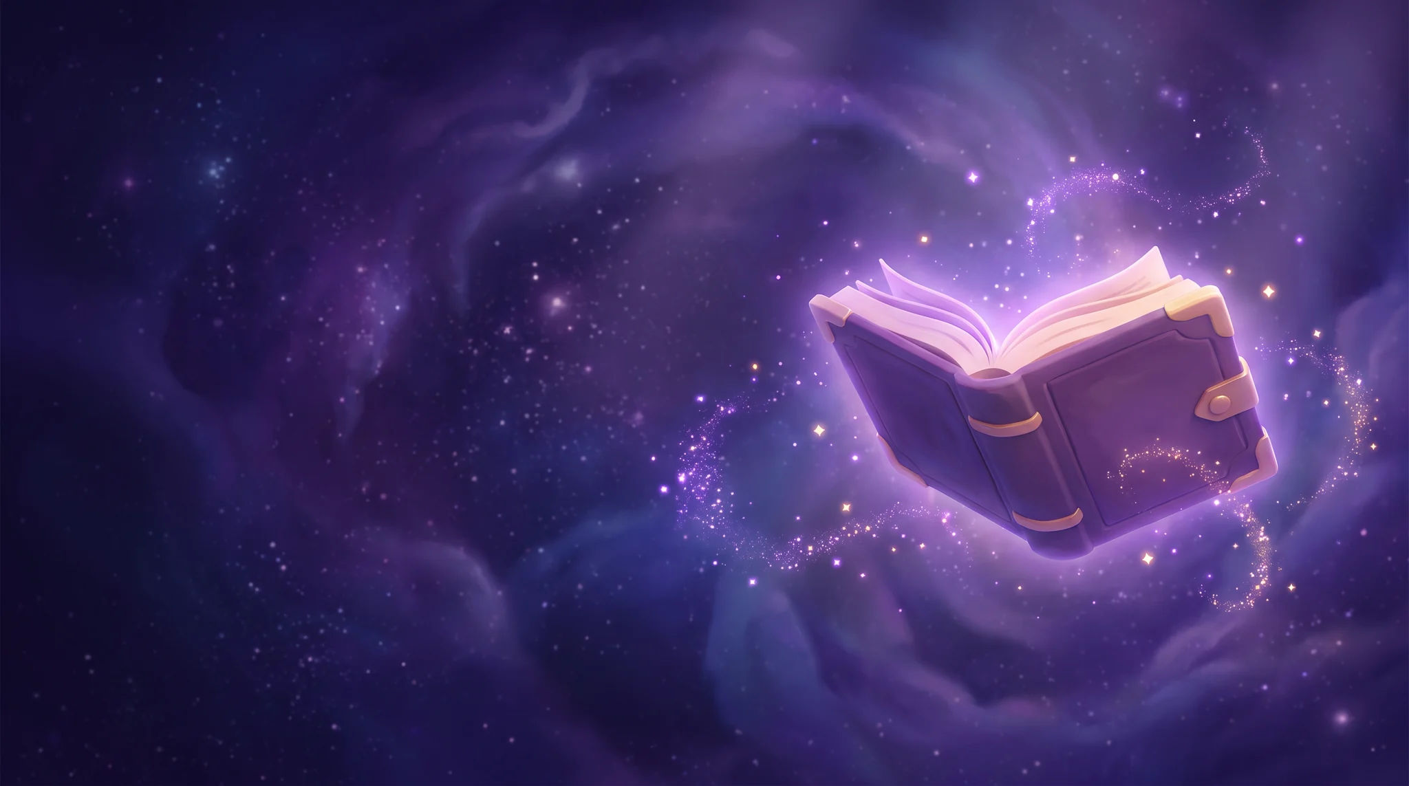 A glowing open spellbook trailing golden sparkles across the Spelling Universe nebula.
