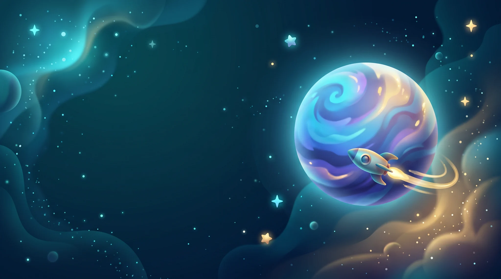 A friendly rocket zips past a swirling planet in the Times Tables Universe night sky.