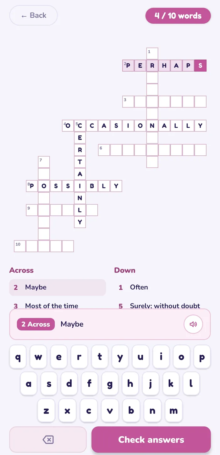 A part-solved crossword grid built from a week's spelling words, with across and down clues listed below.