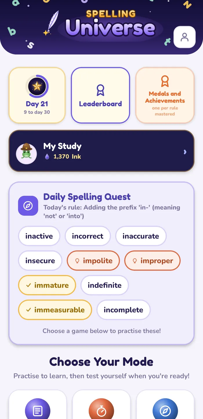 The Spelling Universe pupil home screen with a day 21 streak and a Daily Spelling Quest card teaching the 'in-' prefix rule.