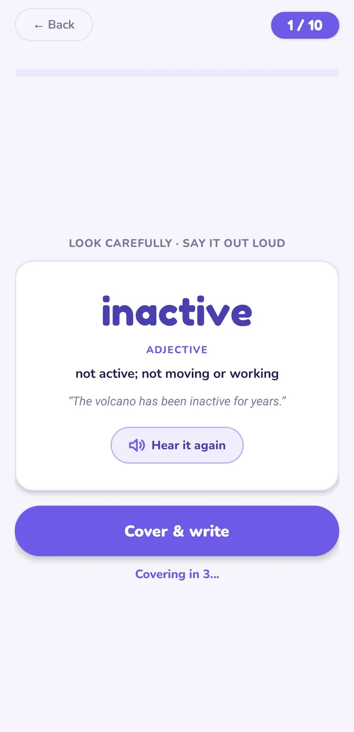 The Spelling Practice screen showing the word 'inactive' with its definition, an example sentence, a hear-it-again button and a cover and write button.