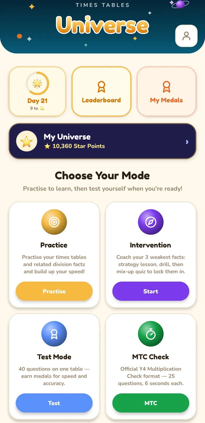 The Times Tables Universe pupil home screen: a day 21 streak, 10,360 Star Points, and cards for Practice, Intervention, Test Mode and MTC Check.
