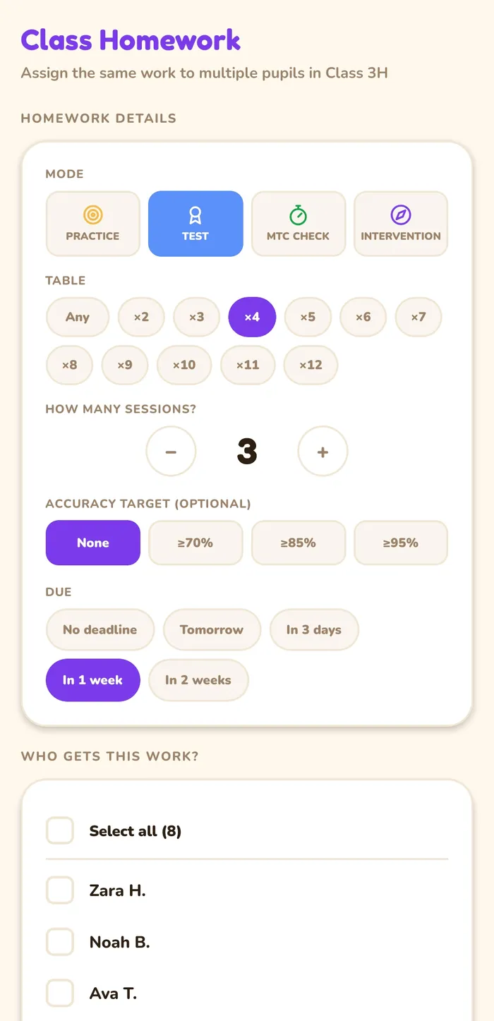 The set homework screen with mode, times table, number of sessions, accuracy target and deadline options, and a list of pupils to assign it to.
