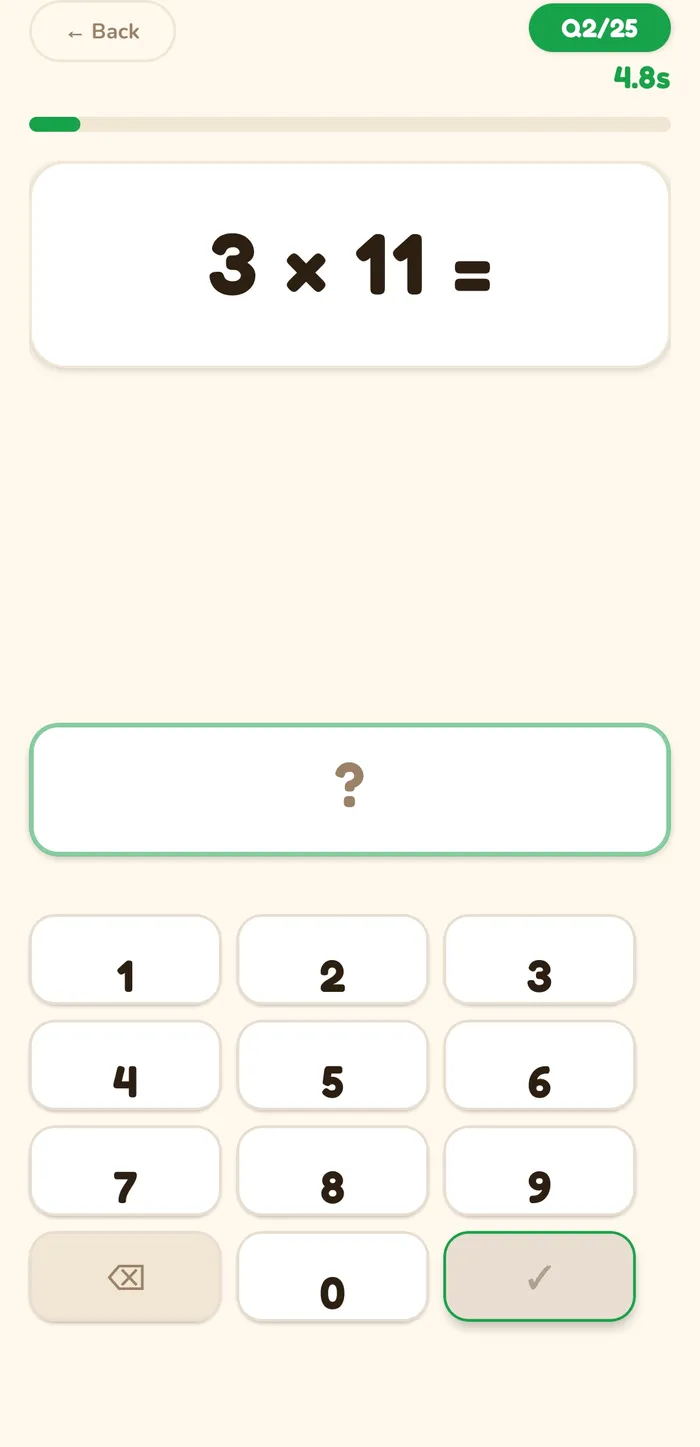 An MTC Check question, 3 times 11, at question 2 of 25 with the six-second timer bar running.