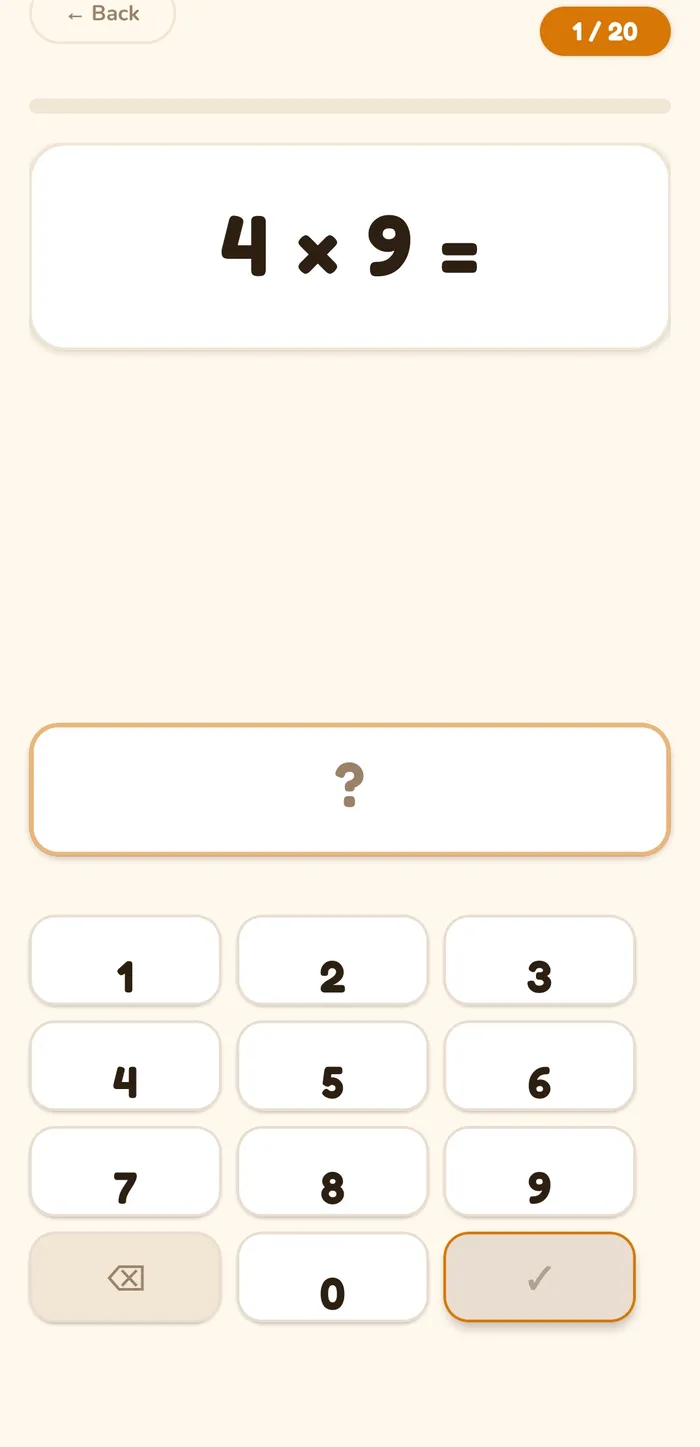 A practice question, 4 times 9, above the app's own large-key number pad.